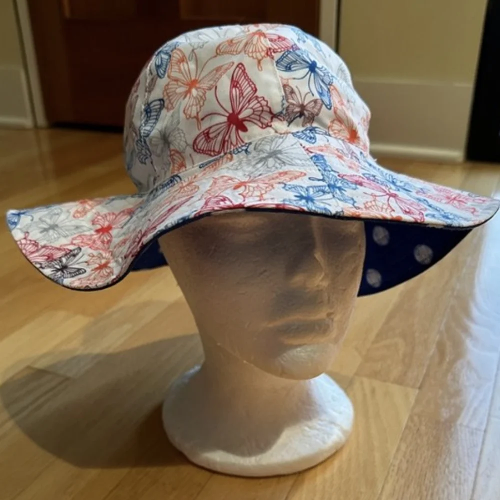 San Diego Hat Co Girls Blue Polka Dot Butterfly Reversible Sun Hat ‎ 5-7 Years